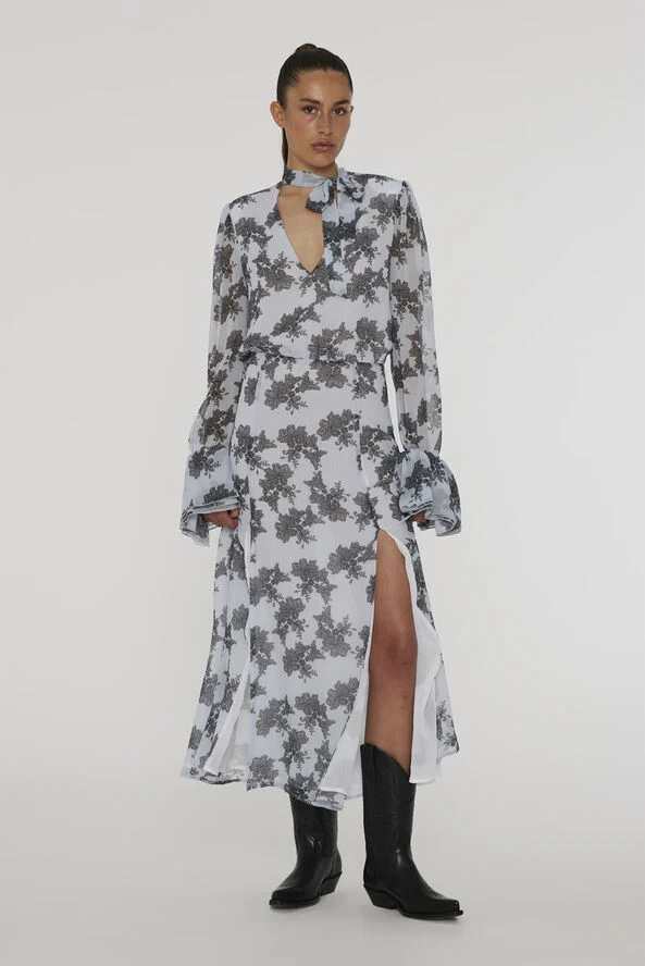 ROTATE Birger Christensen Chiffon Bow Midi Dress Delicate lace   rock ridge comb.
