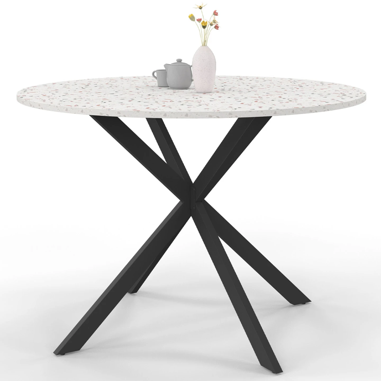 Table à manger ronde ALIX 6 personnes pied araignée noir plateau effet terrazzo SIMONE  110 cm