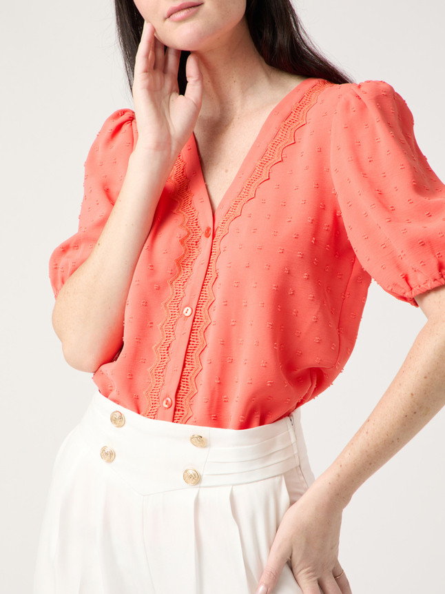 Top plumetis et dentelle col v