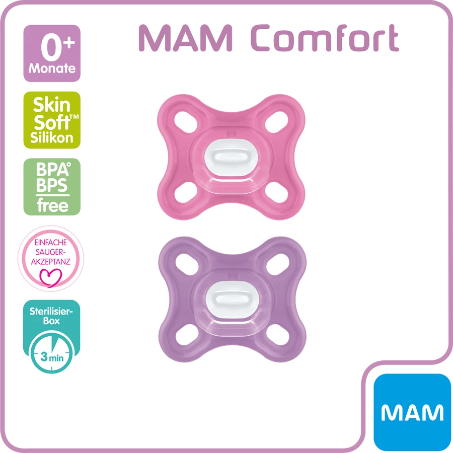 MAM Schnuller Comfort Silikon, 0+ Monate, 2 Stk, pink + lila