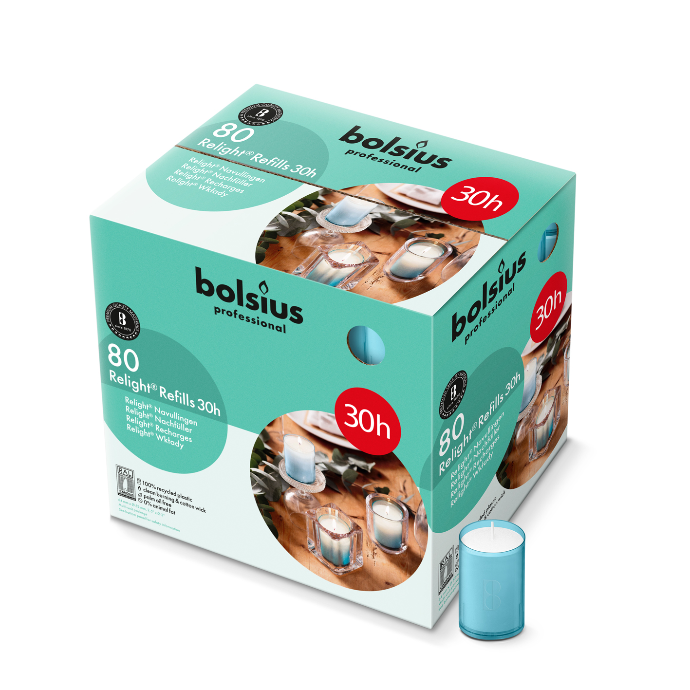 Bolsius Horeca Relight® Plus Navullingen 64/52 Aqua (80 stuks)