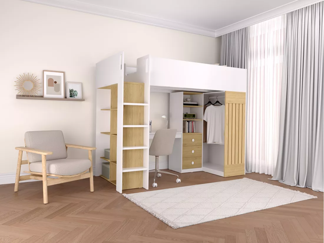Lit mezzanine 90 x 190 cm avec bureau et penderie - Coloris : Blanc et naturel - LORINTI