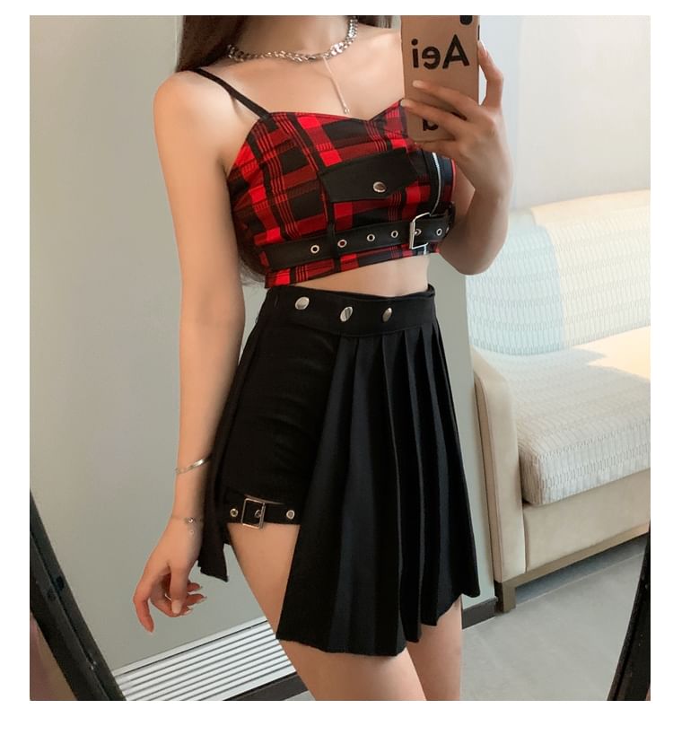 RONIN - Geruite crop top met riem / Hoge taille, effen geplooide nep-tweedelige mini-A-lijn skort
