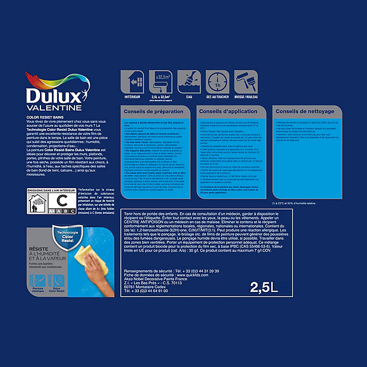 Peinture murs et boiseries Color Resist salle de bains Dulux Valentine satin perle de rose 2,5L