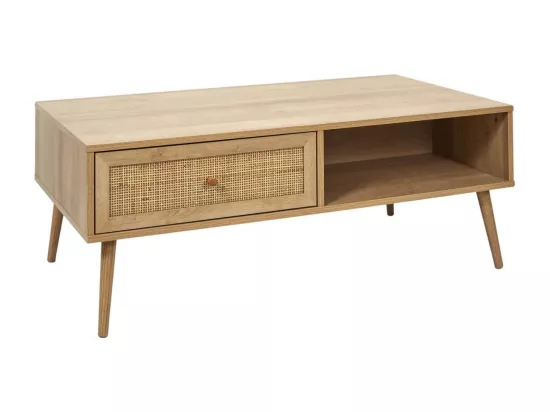 MAYA - Table Basse 1 Tiroir Effet Bois et Façade Rotin