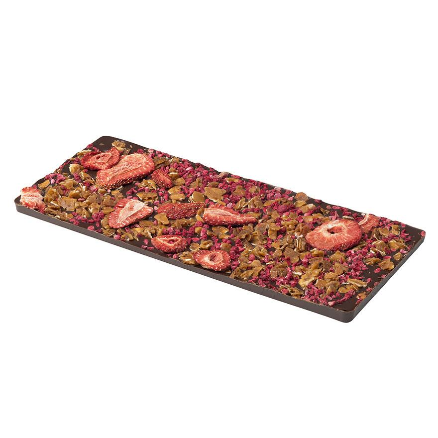 Écorce de chocolat noir aux amandes florentines, fraises et framboises