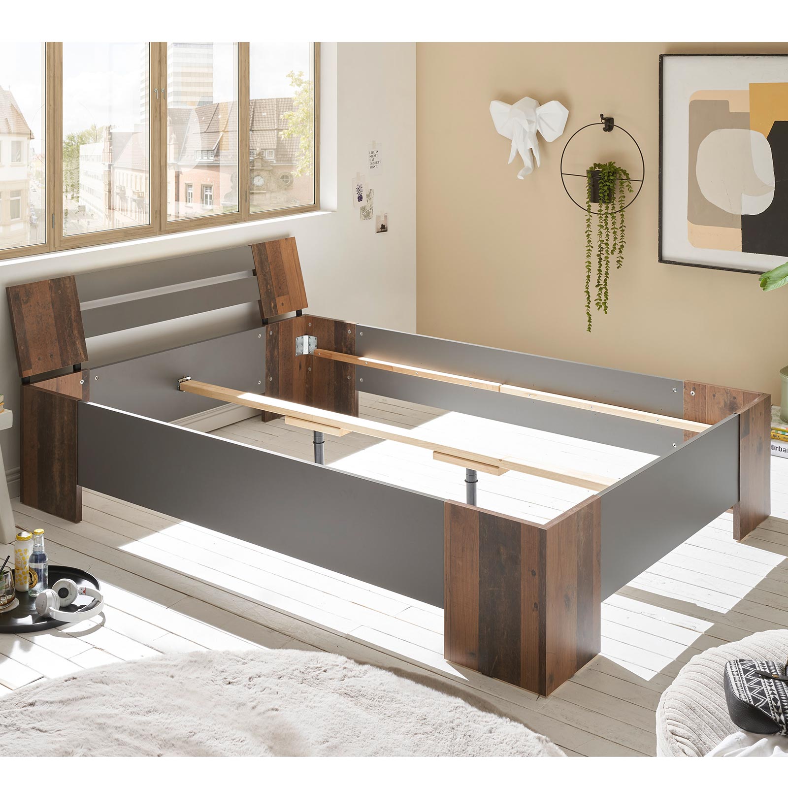 Futonbett - Old Style dunkel - mit Matratze und Rollrost - 140x200 cm