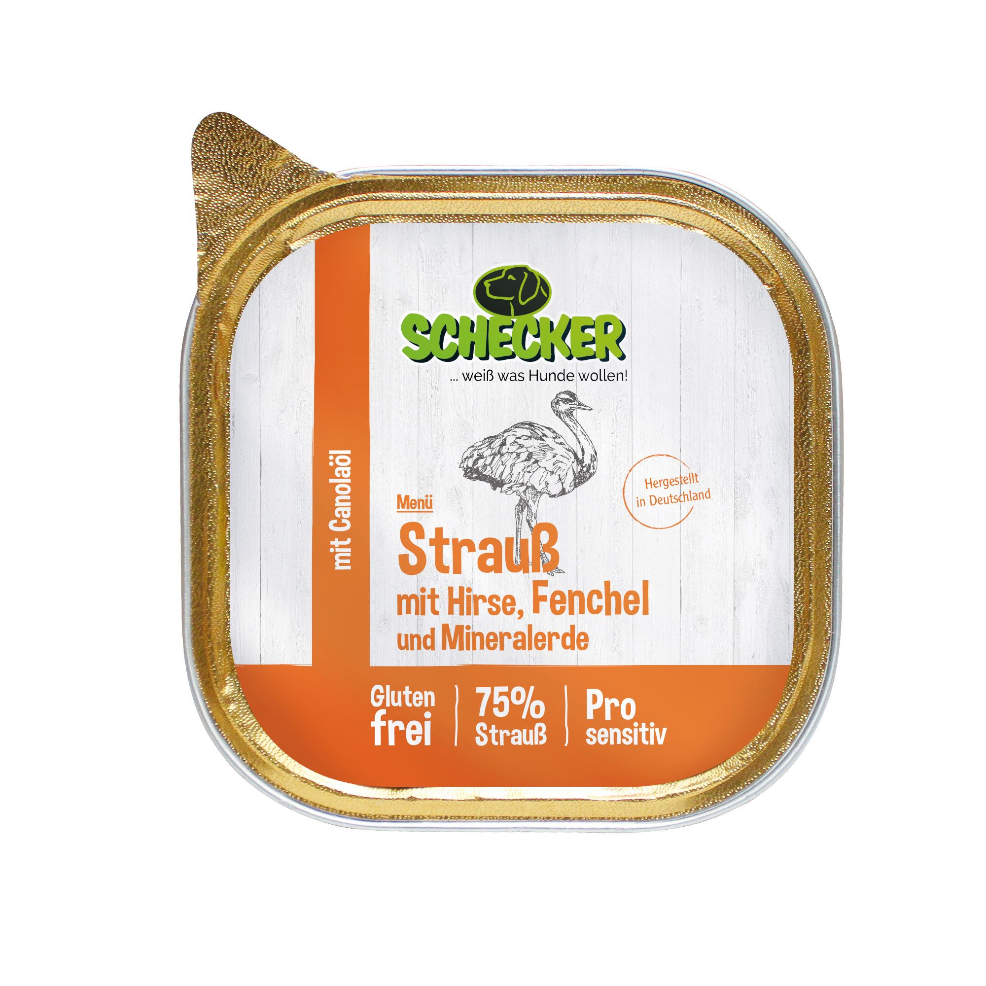 Schecker Hundemenü - 75% Strauß mit Hirse Fenchel und Mineralerde - glutenfrei