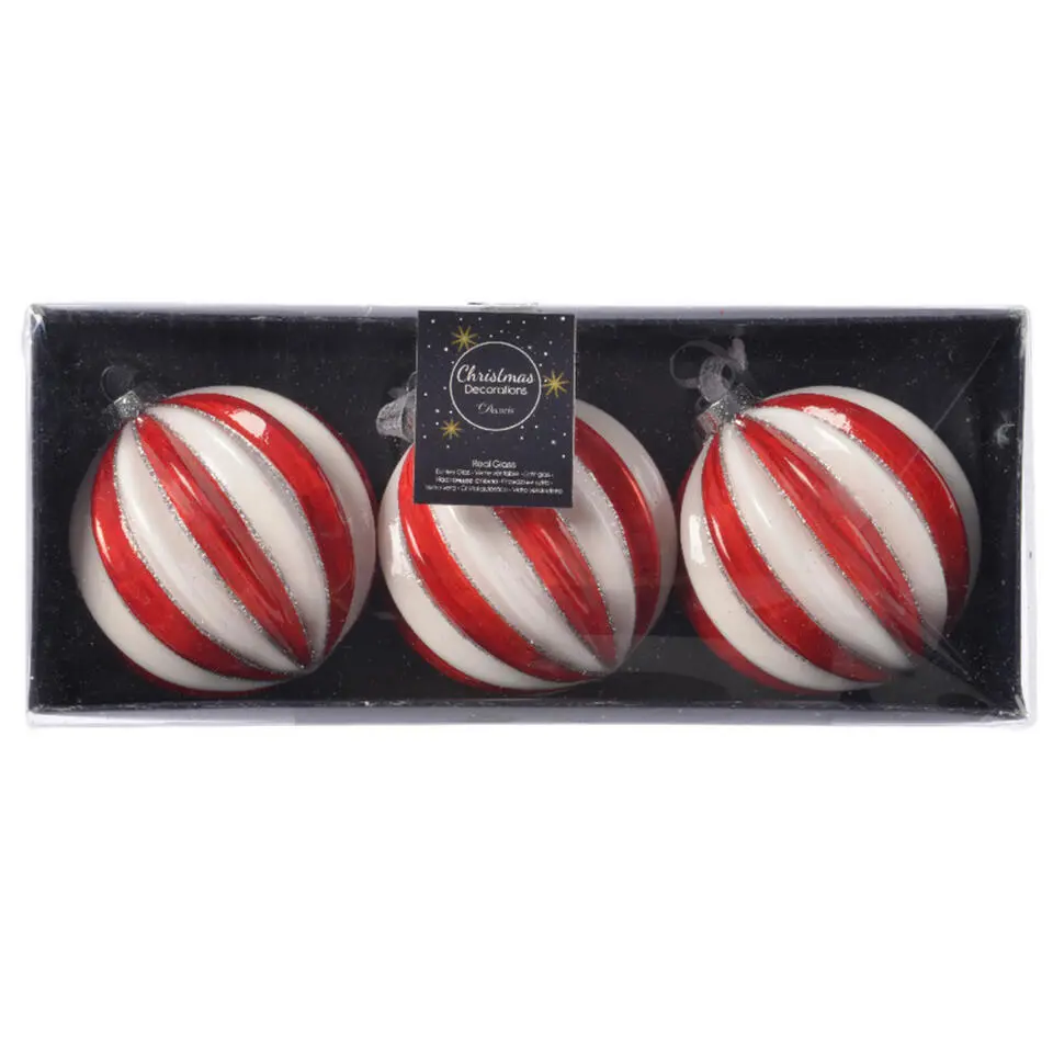 Decoris Luxe kerstballen - 3x - rood/wit gestreept -D8 cm - glas