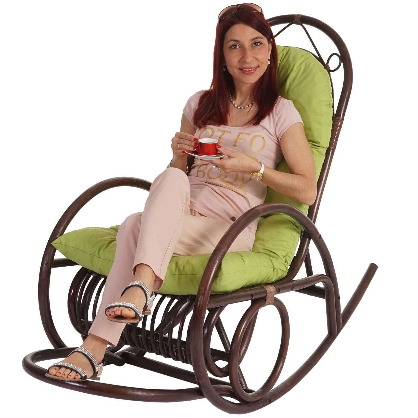 Schaukelstuhl MCW-C40, Schwingsessel Rattansessel, braun ~ Auflage grün
