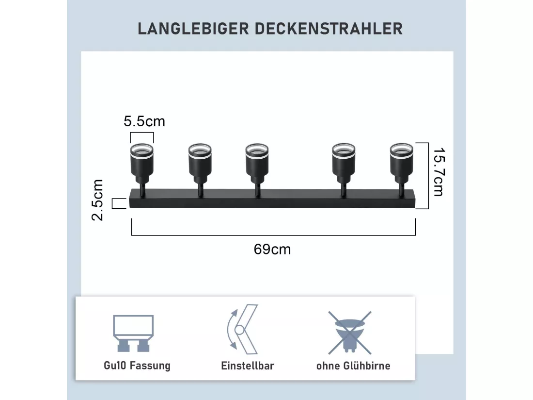 NETTLIFE Plafonnier noir moderne : 5 spots de plafond orientables en métal, plafonnier GU10, pour chambre, salle à manger, sans ampoule