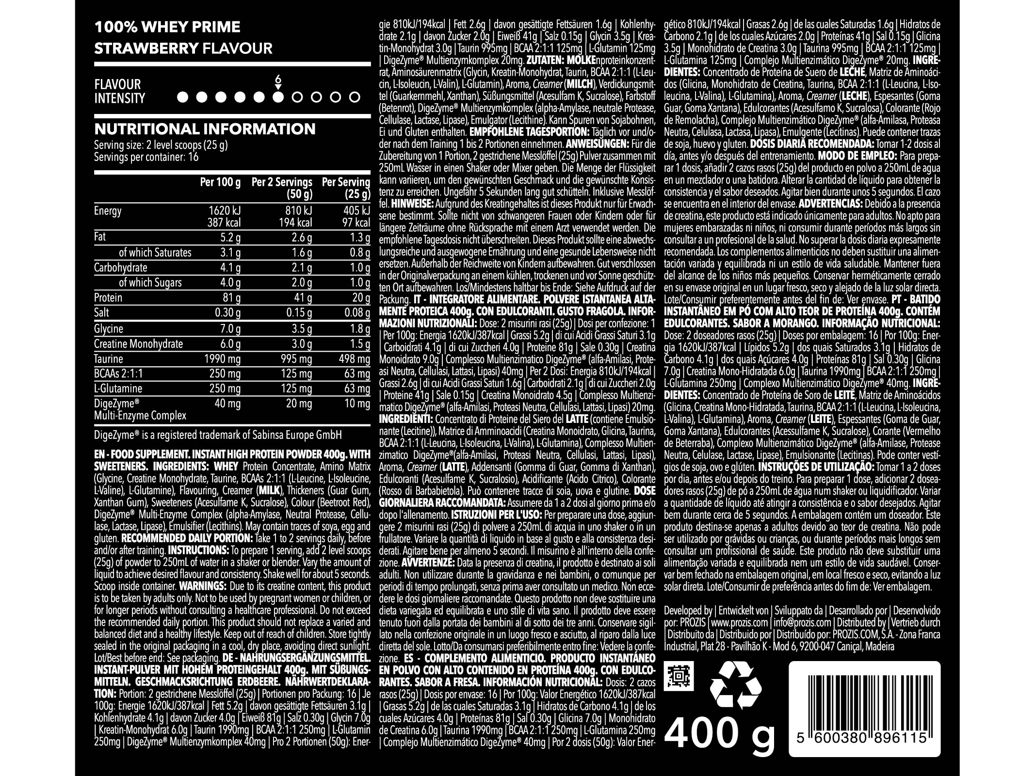 PROTEÍNA 100% WHEY PROZIS PRIME MORANGO 400G