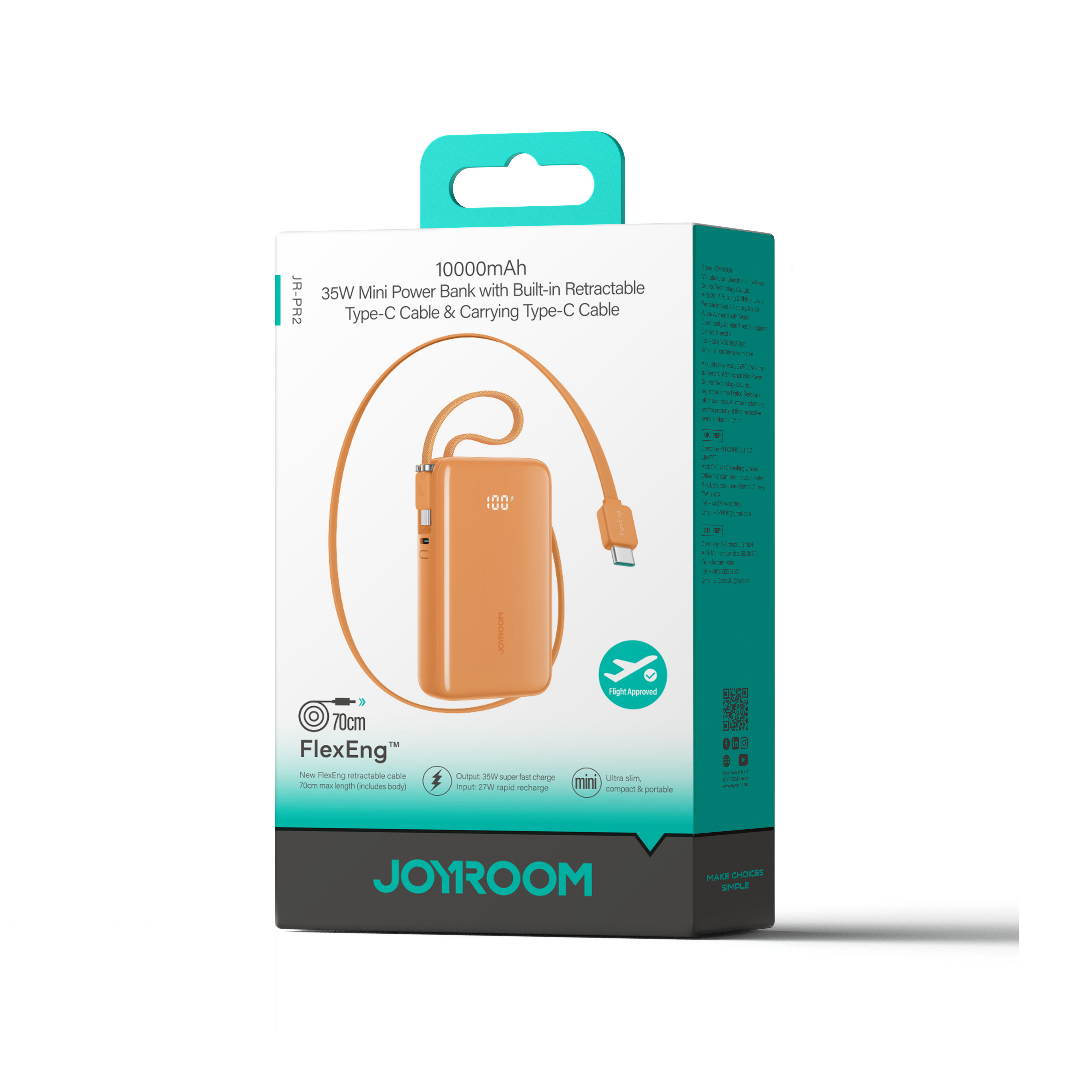 (35W) 10000mAh USB Powerbank Power Delivery Ladegerät inkl. USB C / Lightning Ladekabel mit LED Anzeige (JR-PR2L - Orange) - Orange