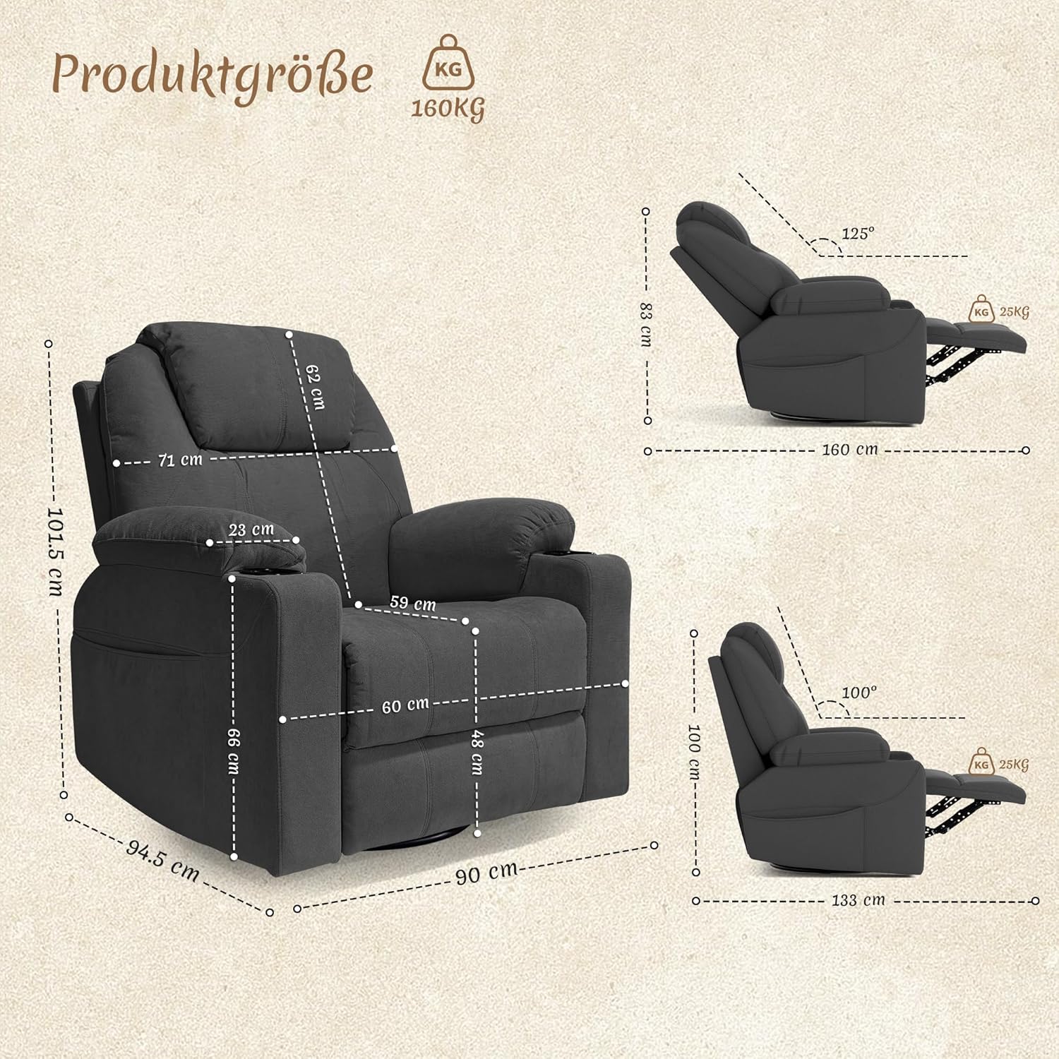 Liegesessel mit 360° Schwenk- und Wippfunktion, Fauteuil TV réglable manuellement, geeignet für Wohnzimmer als Relaxsessel und Kinderbetreuungssessel, Dunkelgrau