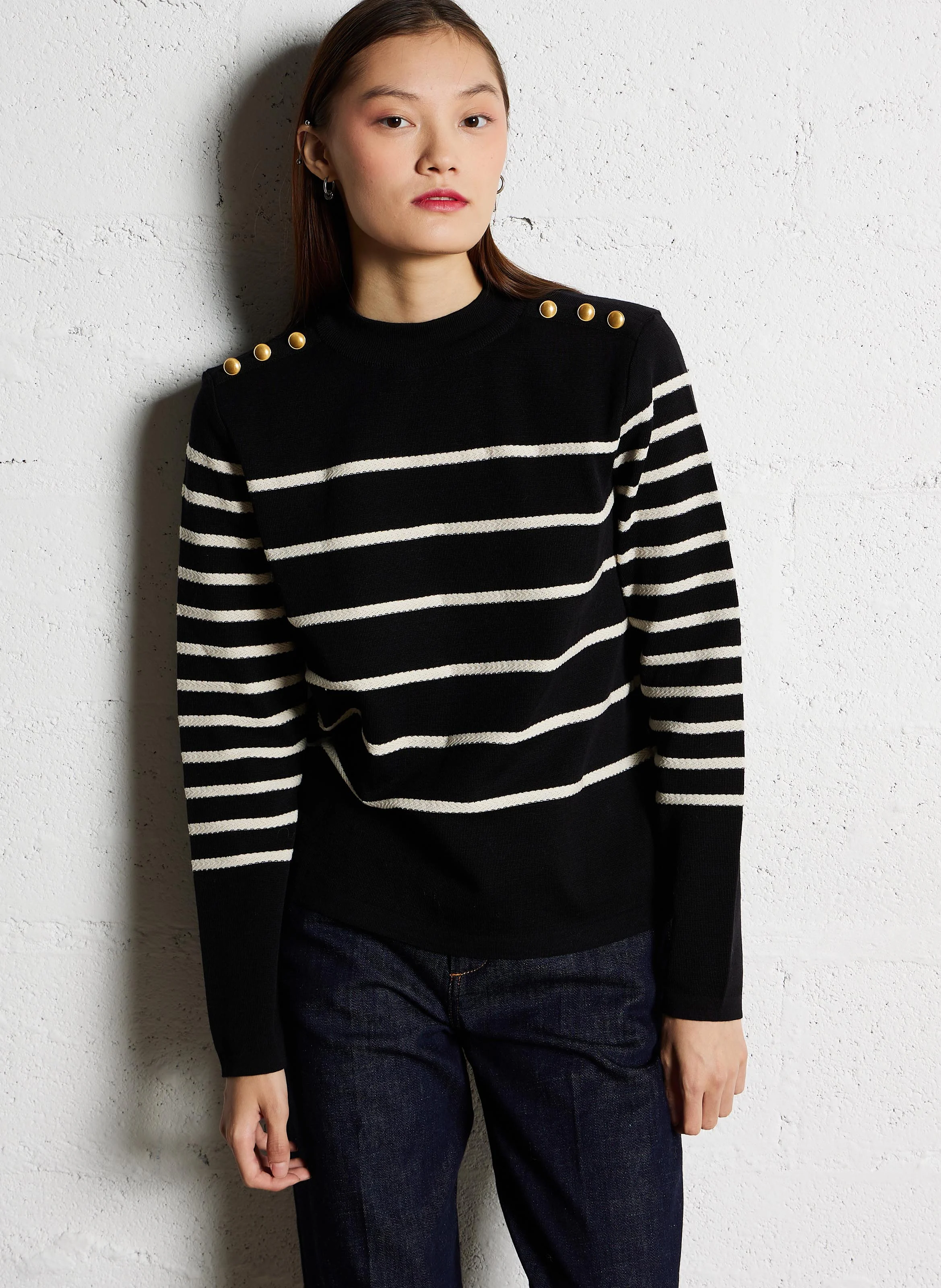 Pull col rond rayé en laine mélangé | Multicolore