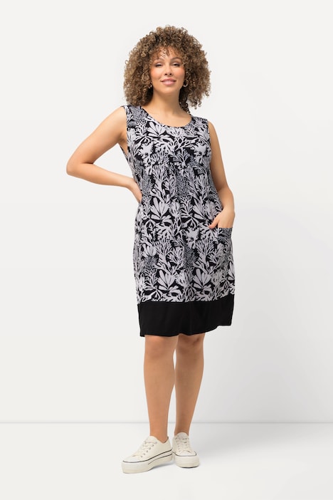 Jerseykleid, Blätter, Rundhals, ärmellos, Taschen