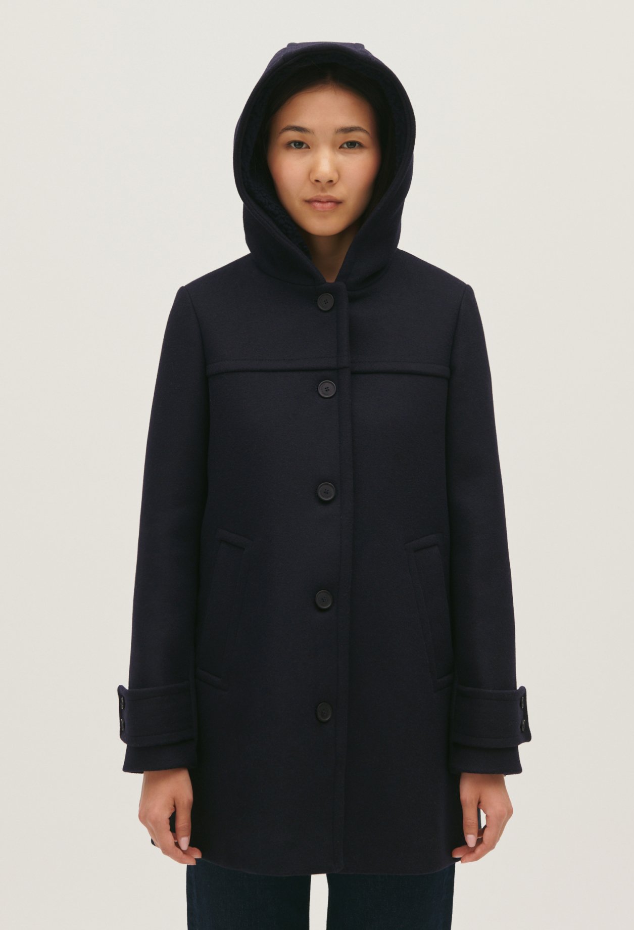 Manteau marine capuche laine melangee