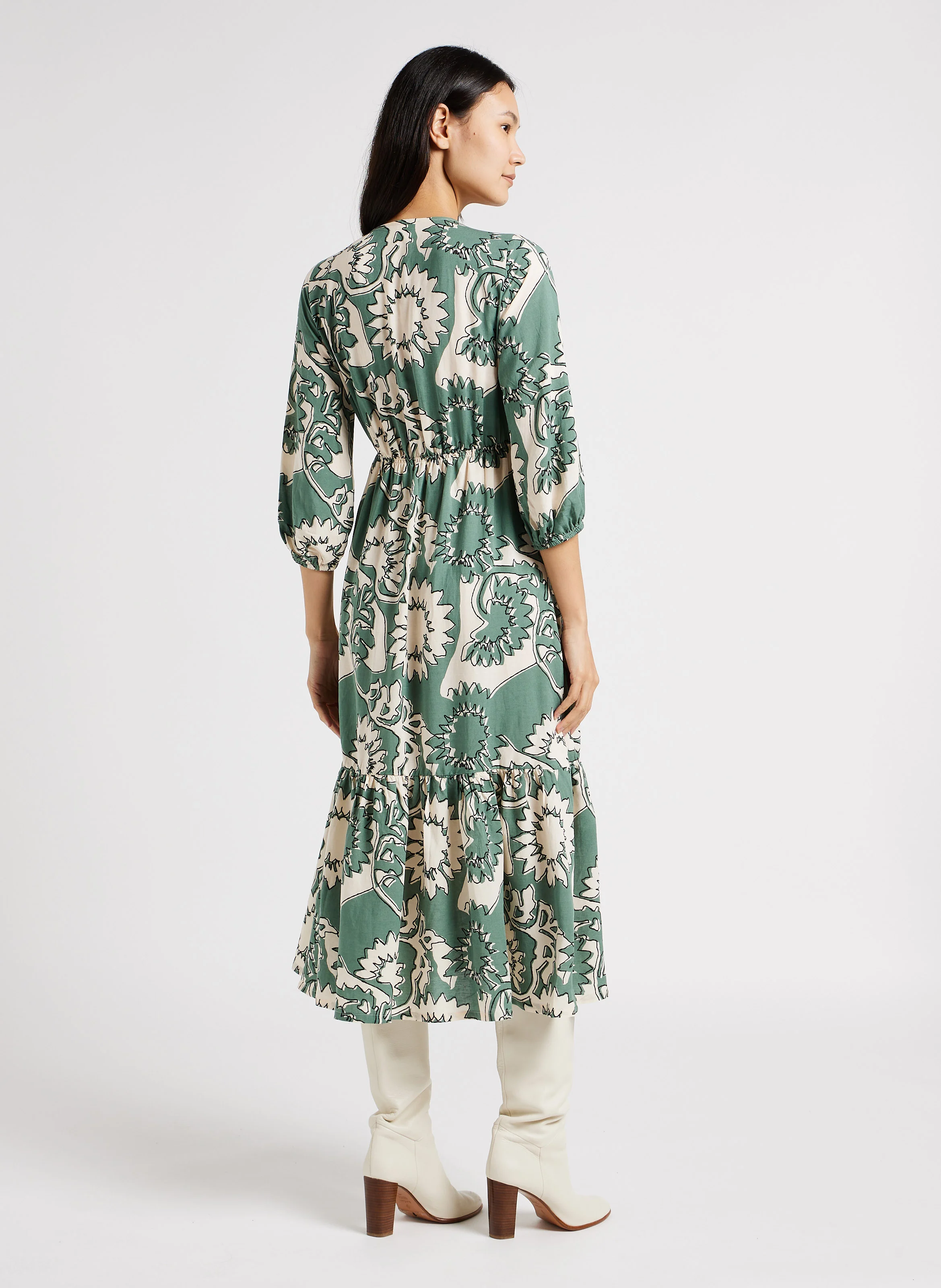 FERAE - Robe midi col V à imprimé floral | Vert