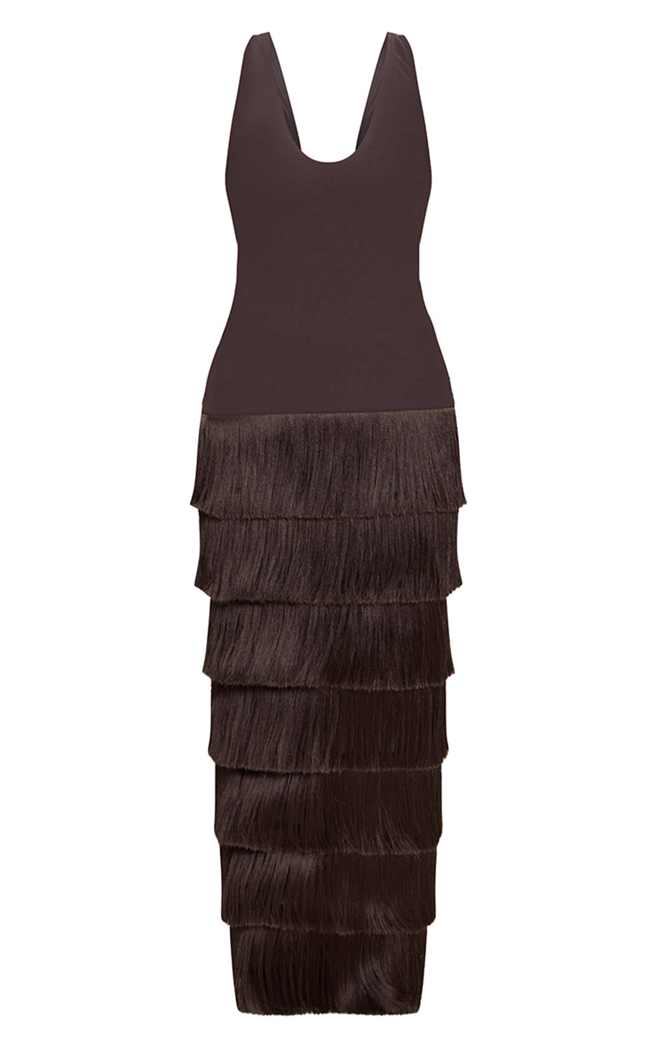 Dark Chocolate Robe Maxi En Mesh À Franges Plt Label