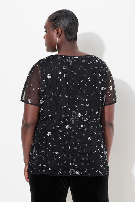 Meshbluse, oversized, Pailletten, Ziersteine, Halbarm