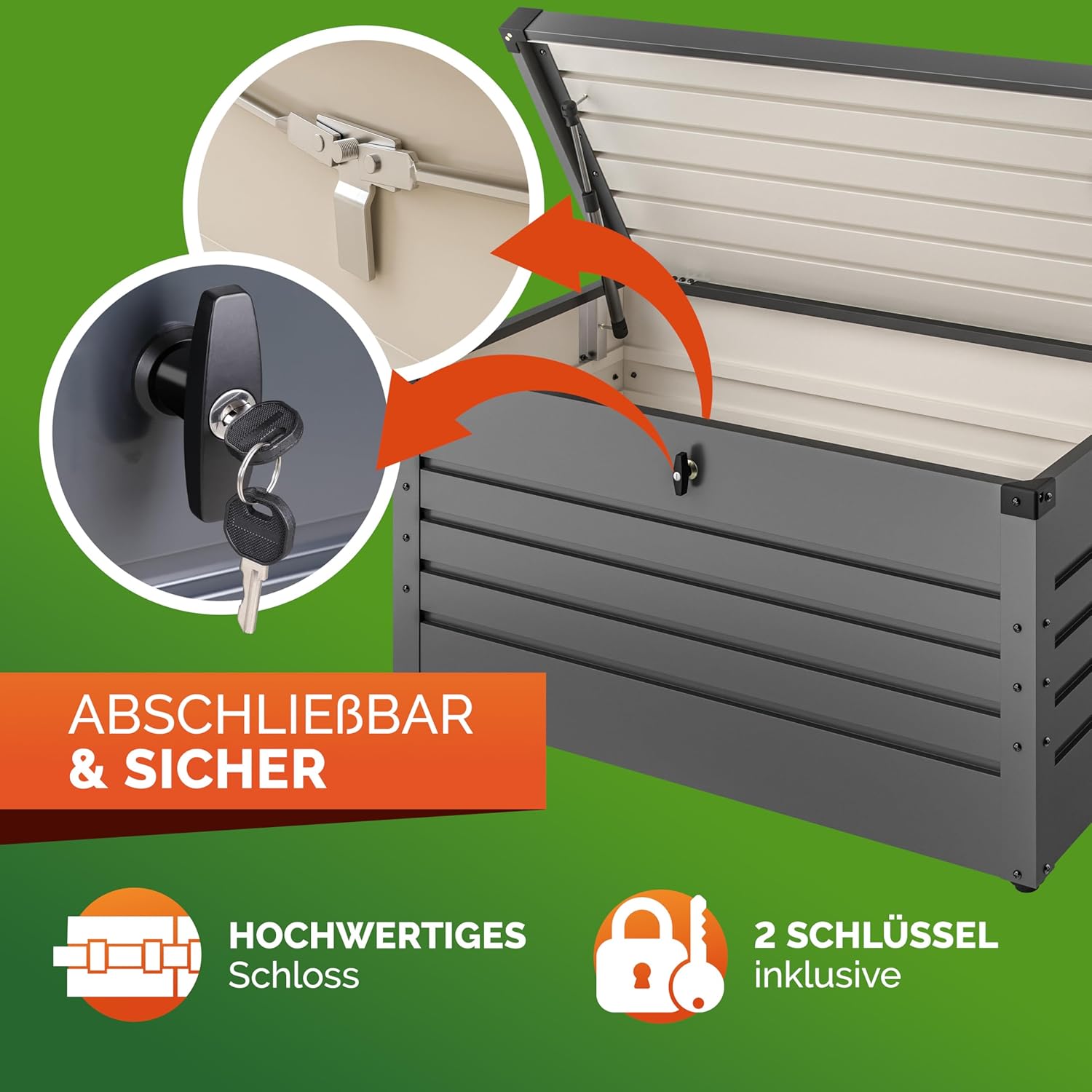 Gardebruk® Auflagenbox 385L Volumen Metall Abschließbar Gasdruckfeder 120x62cm Wetterfest Garten Balkon Keller Gartenbox Gartentruhe Anthrazit