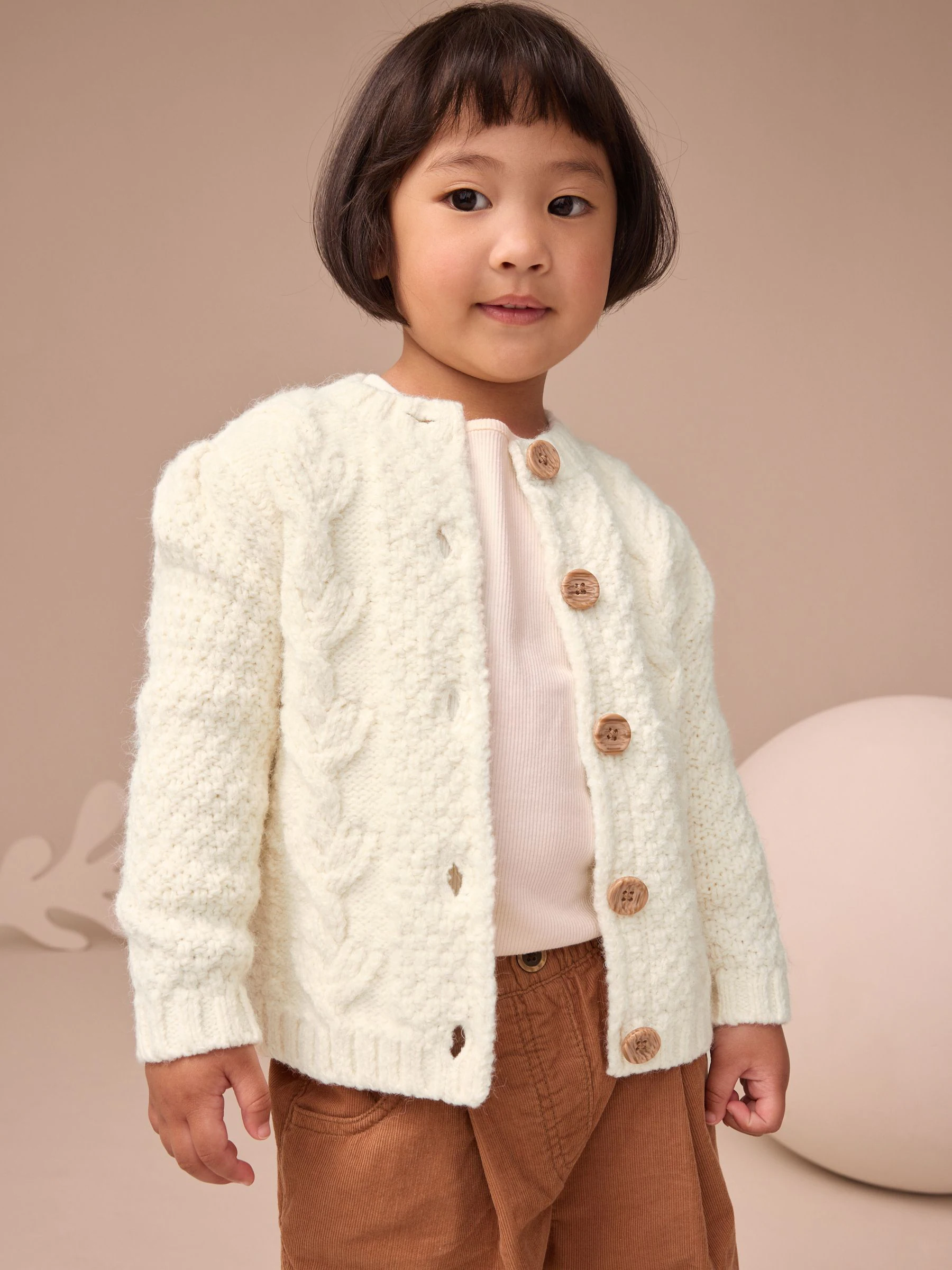 Ecru - Grofgebreid gebobbeld vest (3 mnd-10 jr)