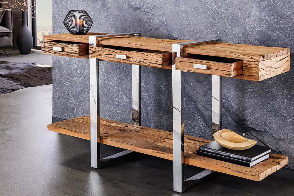 Massivholz Konsolentisch BARRACUDA 140cm braun Teakholz silber Edelstahl verchromt mit Schubladen