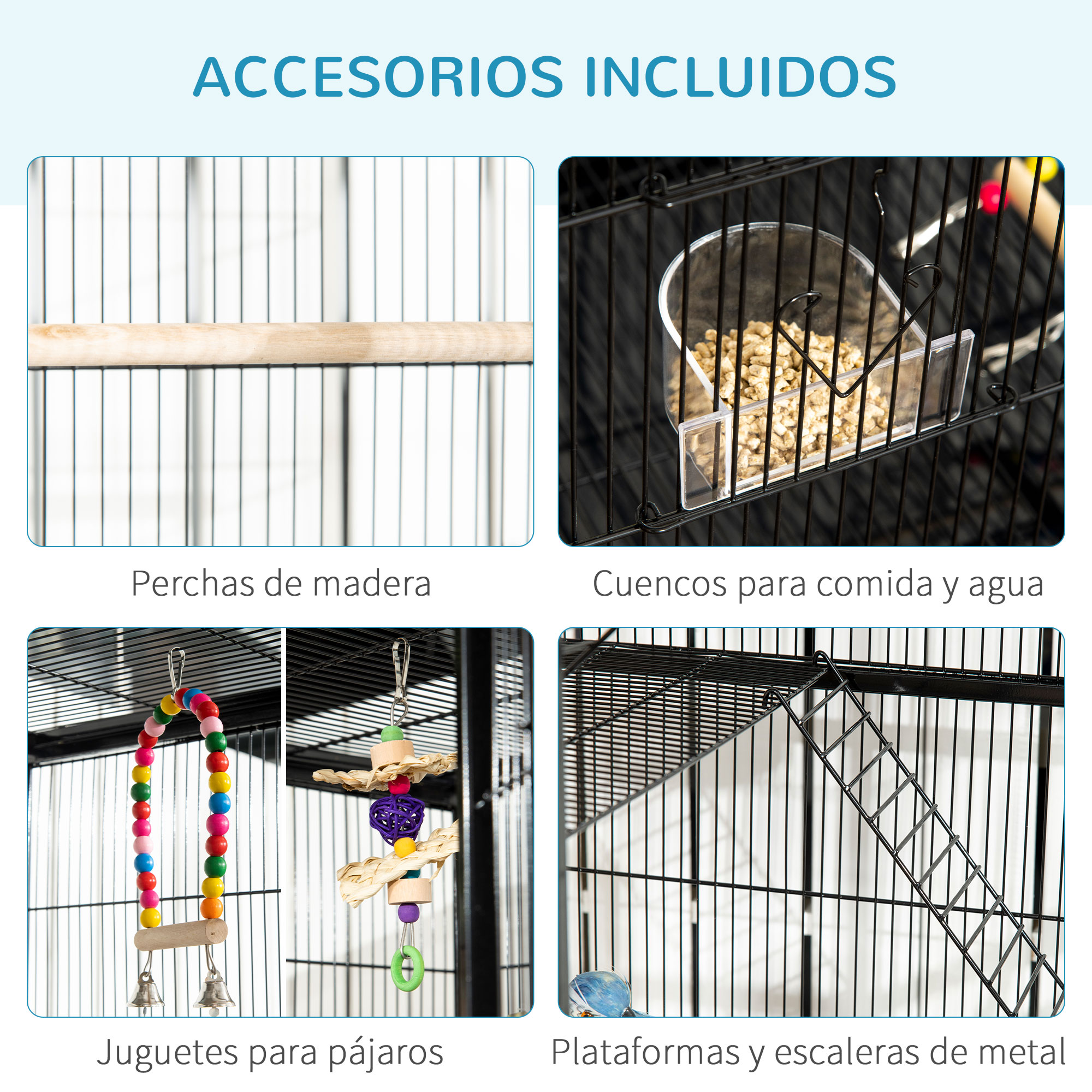 Gaiola para pássaros PawHut com rodas, 83x53x180 cm, viveiro de metal de 3 níveis com 3 poleiros, comedouros, brinquedos, rampas e prateleira de armazenamento para canários e periquitos, preta.