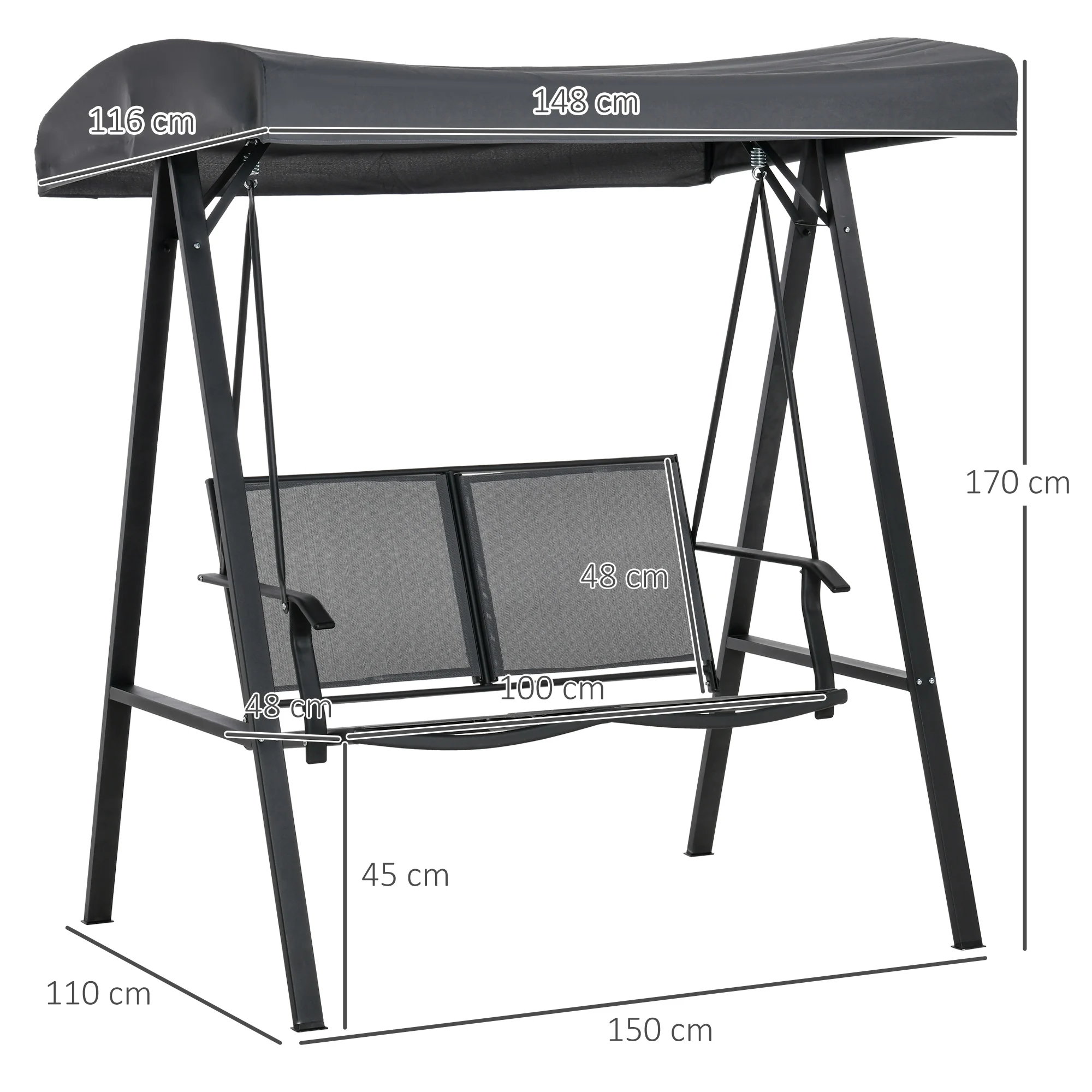 Cadeira de balanço de jardim Outsunny para 2 pessoas com cobertura ajustável, encosto respirável e estrutura de aço para varanda, terraço e uso externo, carga máxima de 220 kg, 150x110x170 cm, cinza