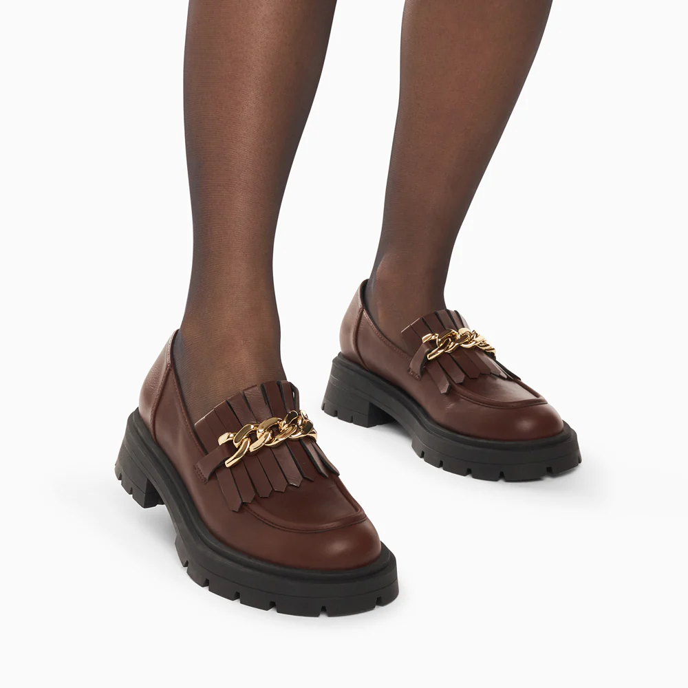 Mocassins, Derbies, Ballerines-Mocassins Angèle marron à chaîne or et semelle crantée