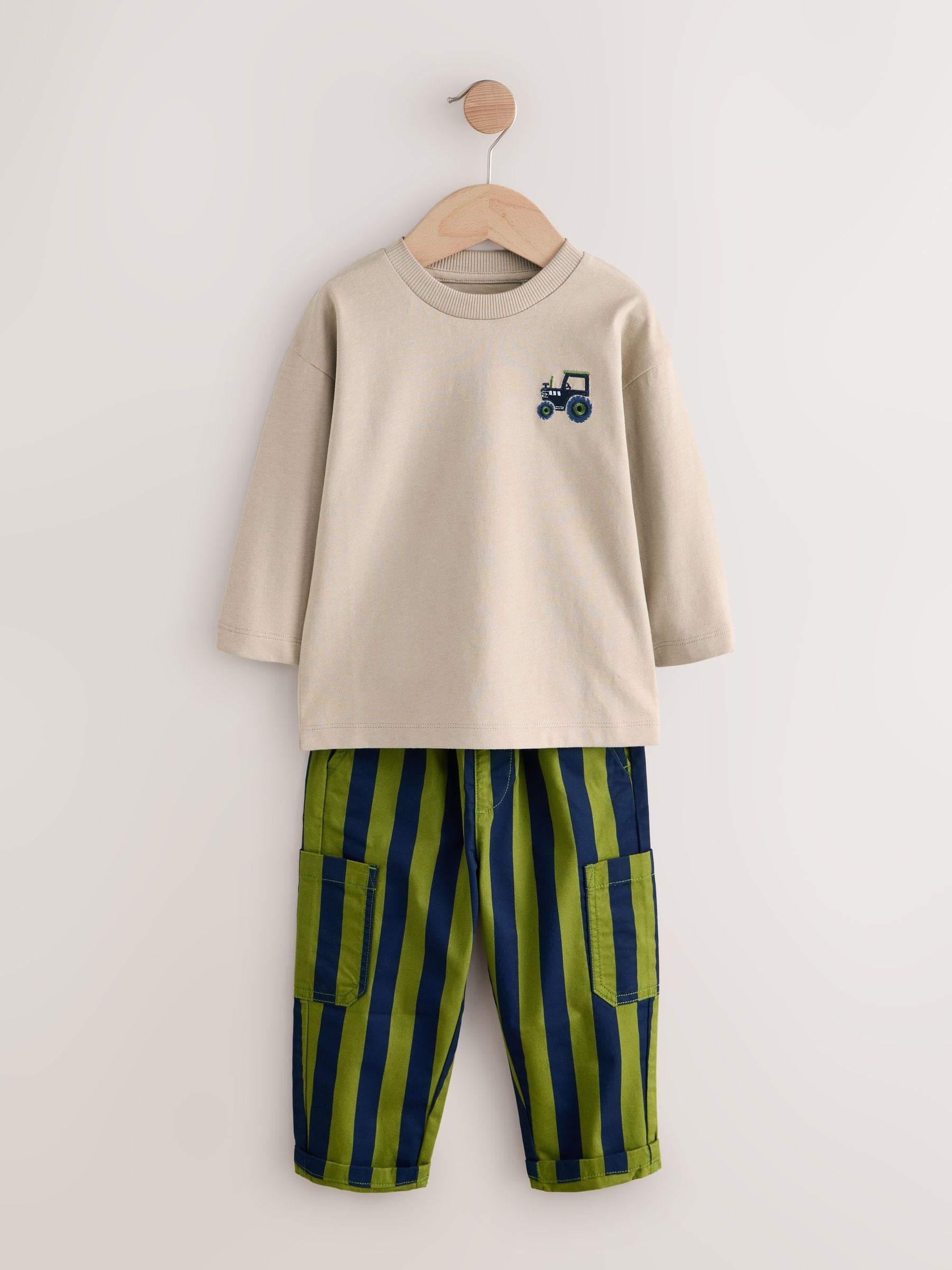 Blauw/groen met boerderij - Set met T-shirt met lange mouwen en broek (3mnd-7jr)