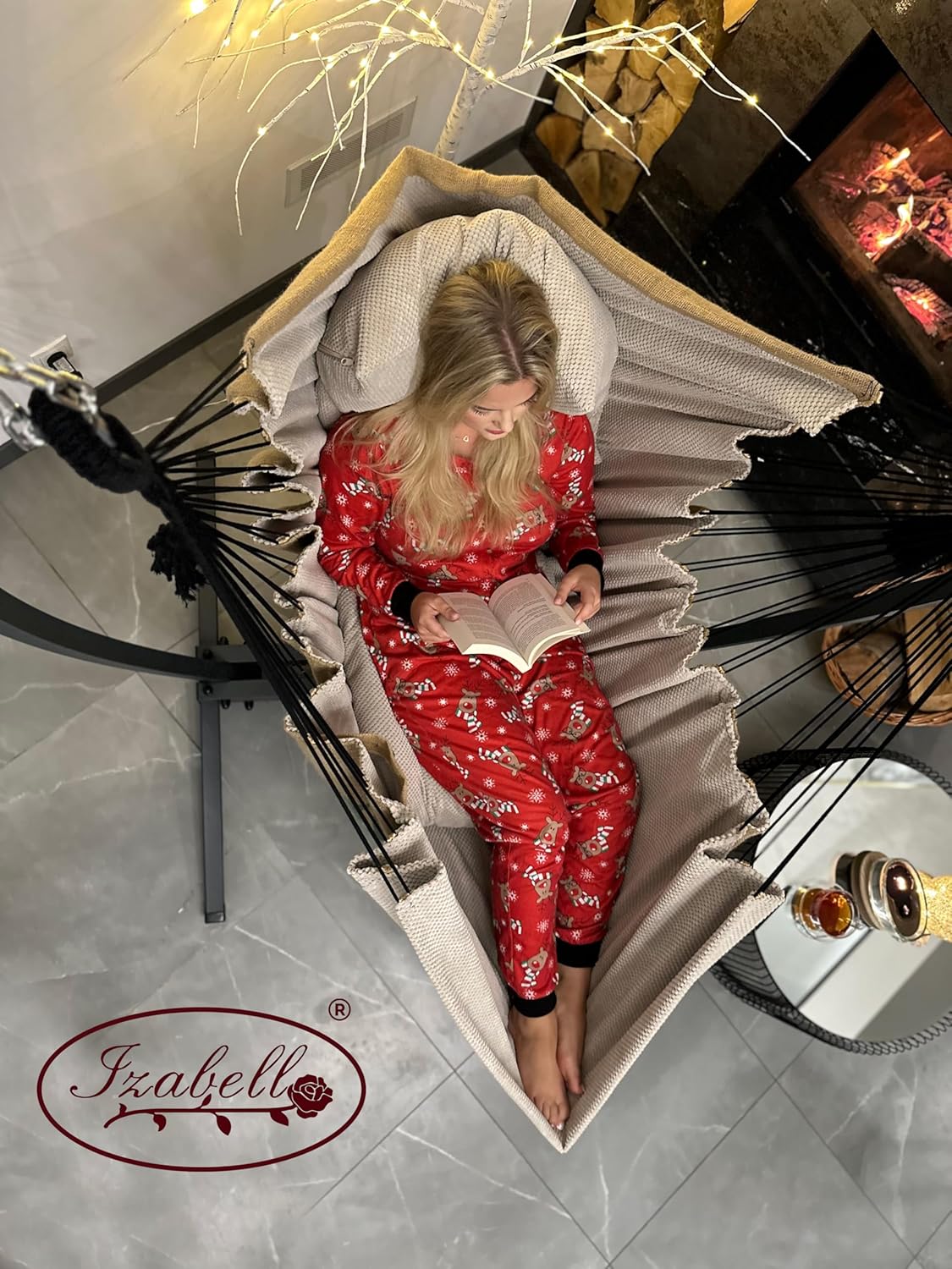 Izabell Hängesessel mit Stahlgestell und Großen Kissen – XXL Schaukelstuhl und Hängematte für Indoor & Outdoor – aus Jutesäcken von Kaffeeröstereien – Coffee Swing (beige)