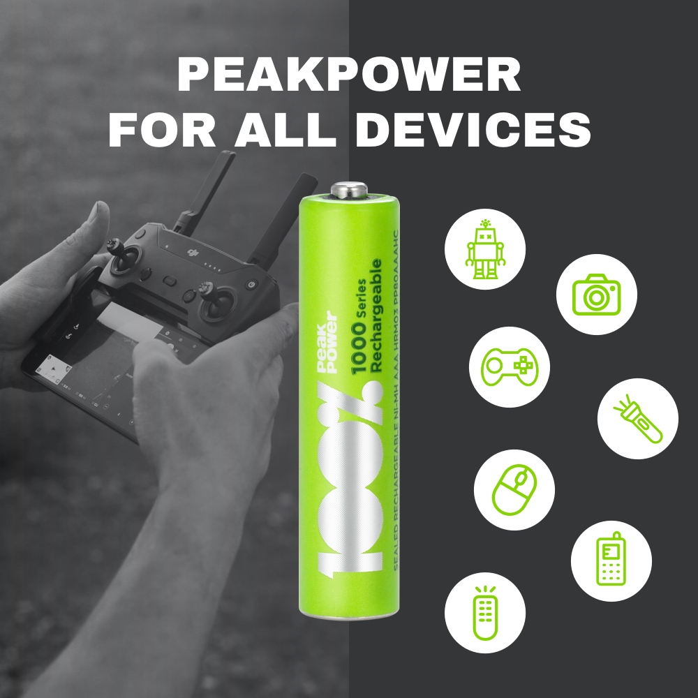 100%PeakPower set van 12 AAA Oplaadbare batterijen
