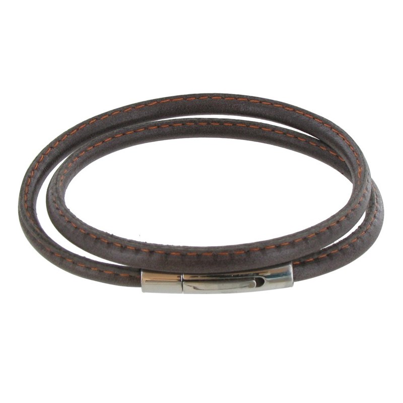 Bracelet Homme Cuir Marron Fin Cousu Fermoir Acier Inoxydable - Classics - Orange