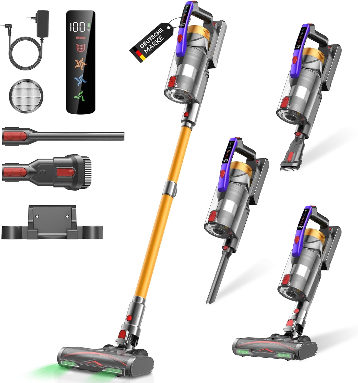 Akku Staubsauger, 58000Pa/550W/65Mins Staubsauger Kabellos mit LED Display und Anti Tangle Bürste, 1.8L Akkustaubsauger, Vacuum Cleaner für Tierhaare/Teppiche/Hartböden/Auto, Gold