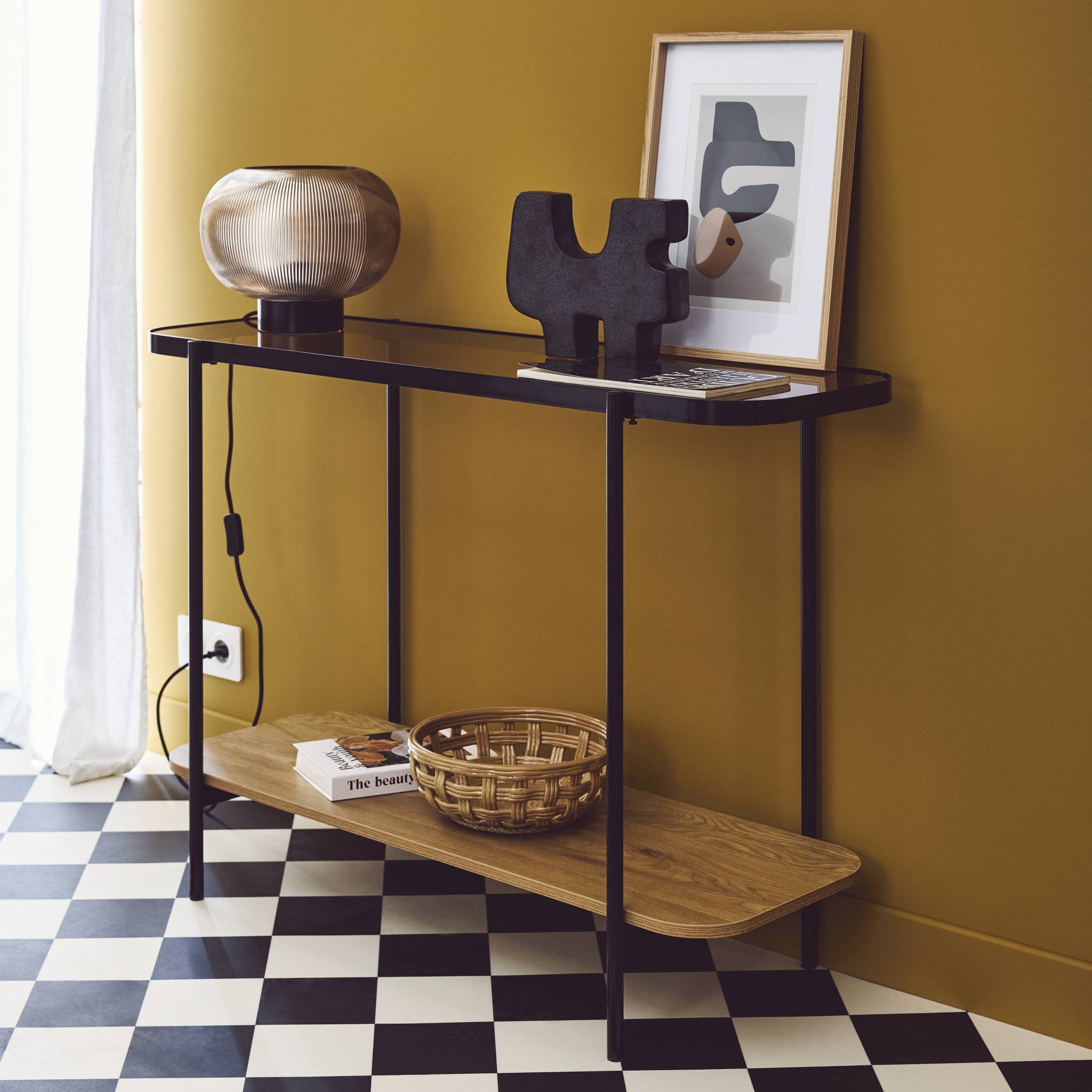 sweeek - Salontafel vintage van zwart metaal met plateau's van glas en