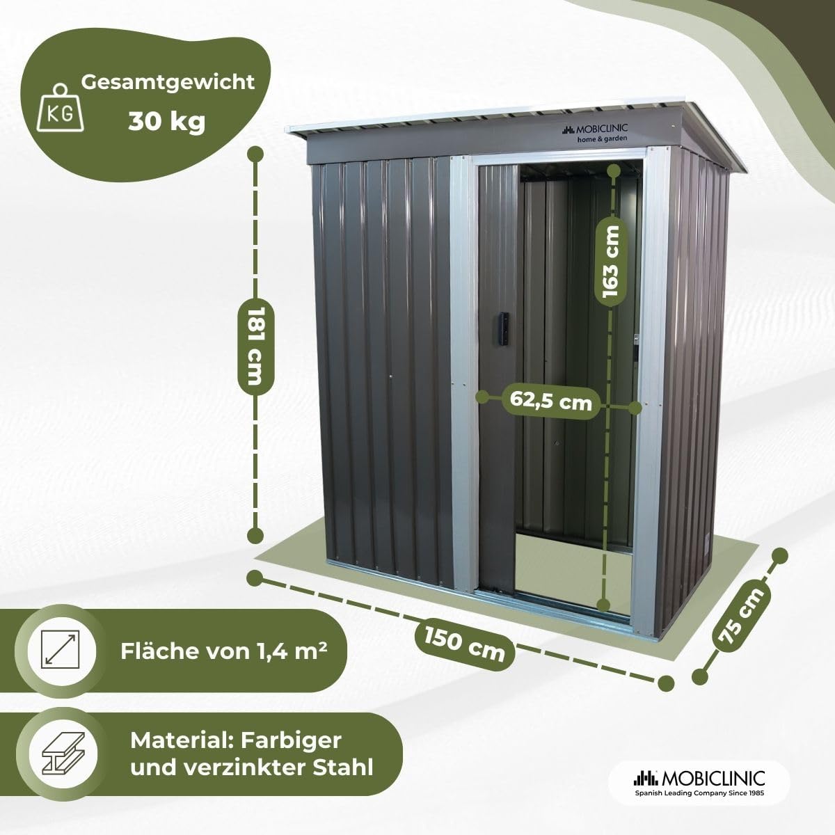 Mobiclinic®, Gerätehaus, Mit Schiebetür, 150 x 75 x 181 cm, Outdoor-Schrank, Abschließbar, Nomi, Schrägdach, 1.4 m², Sichere Aufbewahrung, Strapazierfähig, Grau