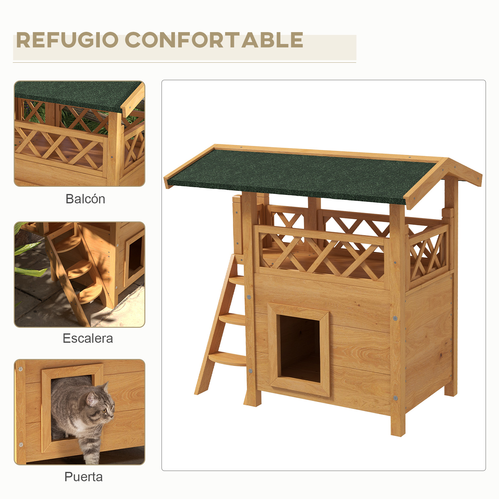Casinha de madeira para gatos PawHut, 77x50x73 cm, 2 andares, com telhado de asfalto, escada e varanda para uso externo, na cor natural.