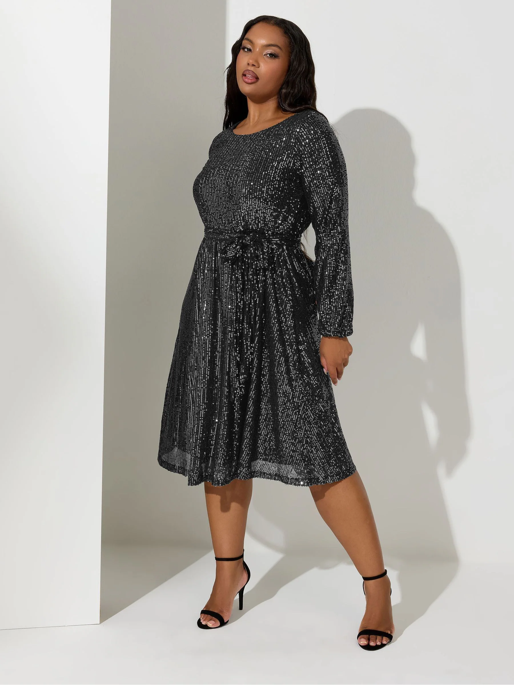Zilver - Yours Curve London Sequin Long Sleeve Skater Midi Dress