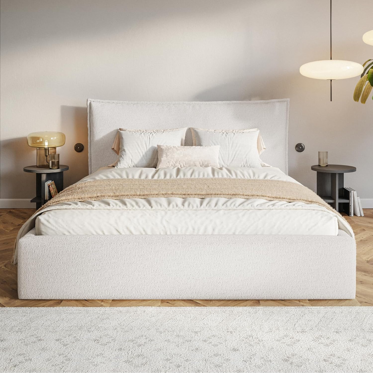 Leno Bett 180x200 Weiß Boucle, mit Stauraum, mit Kopfteil, mit Lattenrost, ohne Füße, ohne Matratze, Polsterbett 180x200 mit Bettkasten Weiß (Milch)