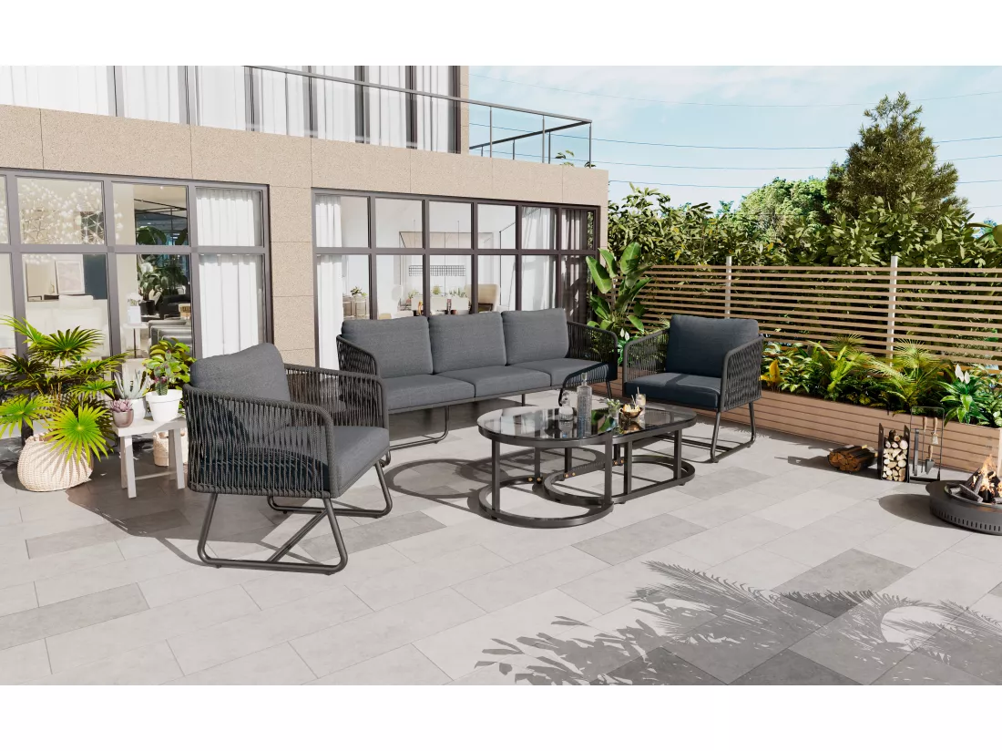 Salon de jardin modulable en fer galvanisé : 1 canapé 3 places + 2 fauteuils + tables basses gigognes - Gris