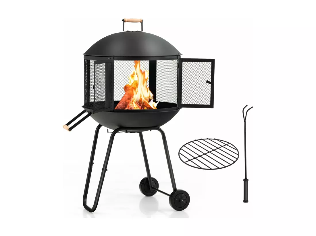 Brasero Exterieur de Jardin 108x57cm à 2 Portes avec Grille, Chauffage Foyer avec Roues Protection Contre Étincelles, Treillis Métallique Ventilation pour CamBoisg Barbecue