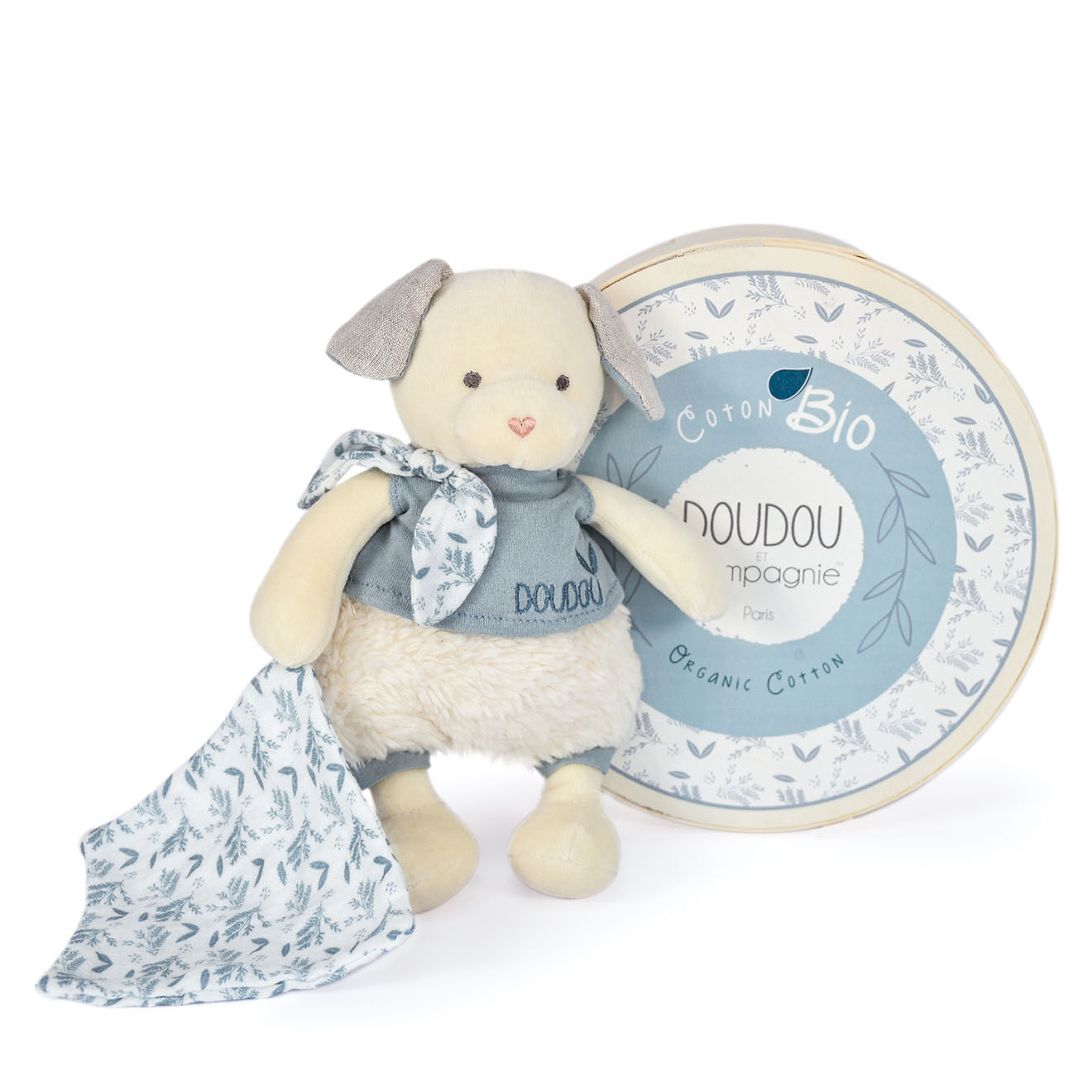 Doudou et Compagnie Chien avec doudou bleu