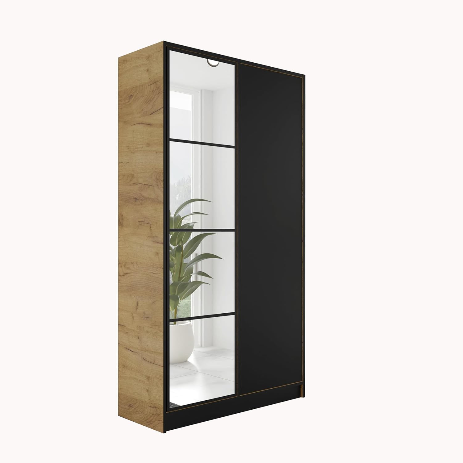 KIER FURNITURE Kleiderschrank mit Spiegel - Schrank Schlafzimmer - Garderobenschrank Flur - Ausziehbare Kleiderstange - Eden v4 - BxHxT 104,8x205x39cm - 2 Türen - Craft Eiche & Schwarz IH7096064