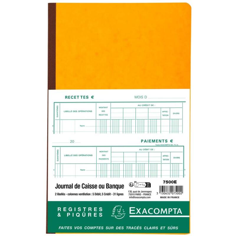 Piqûre 32x19,5cm Journal de caisse ou banque 5 débits - 5 crédits 31 lignes 80 pages