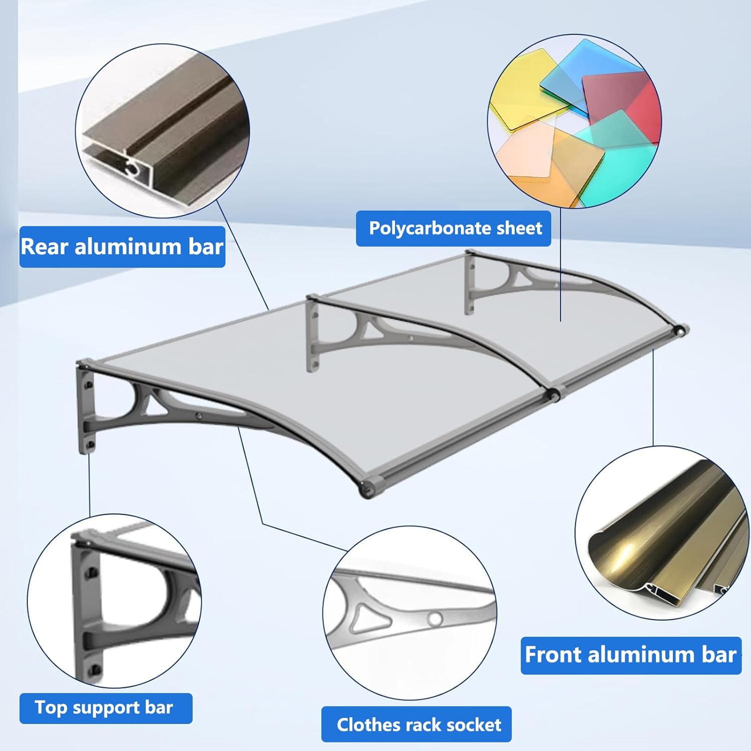 Vordach Haustür Überdachung, Modernes Design Haustürvordach Pultvordach, Polycarbonat Türvordach für draußen Regenschutz UV-Schutz vor Regen und Schnee - 60x140cm