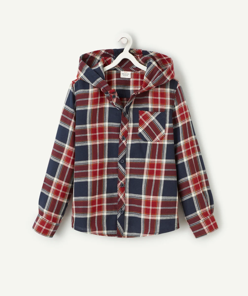CHEMISE À CAPUCHE À CARREAUX GARÇON MARINE ET BORDEAUX