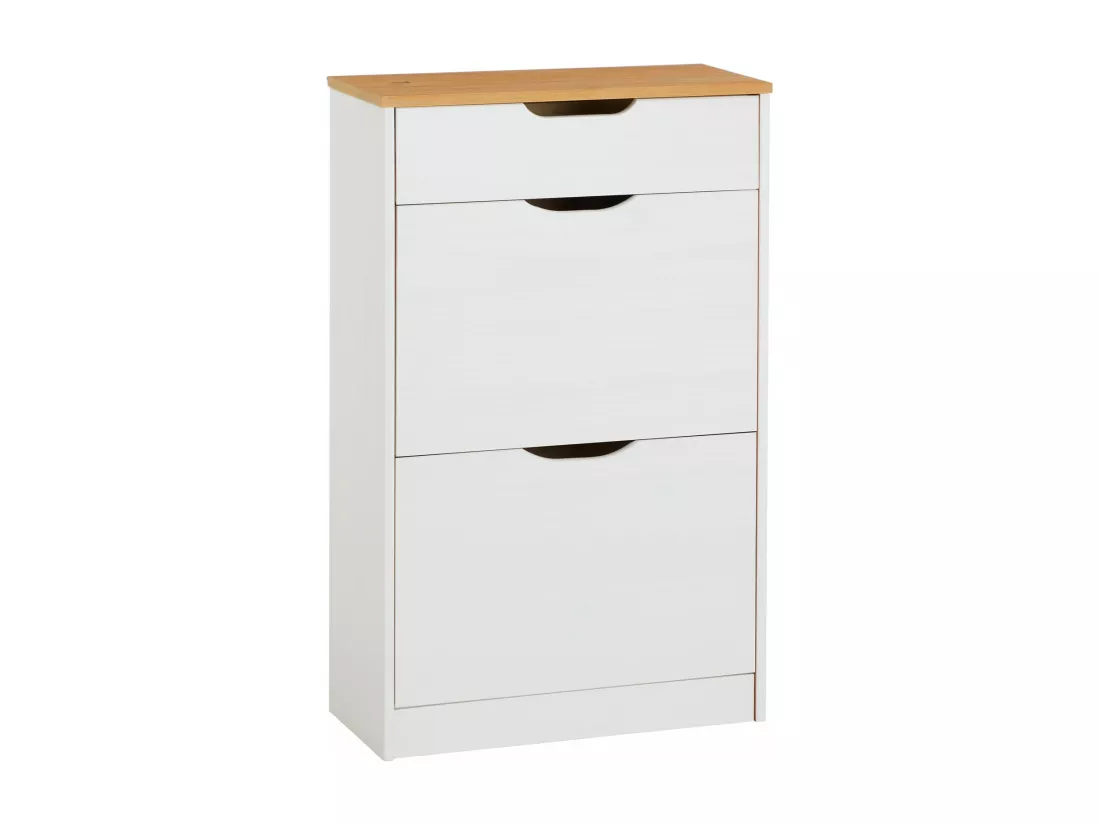 Meubles à chaussures BASIL rangement armoire avec 2 abattants et 1 tiroir, en pin massif lasuré blanc et brun