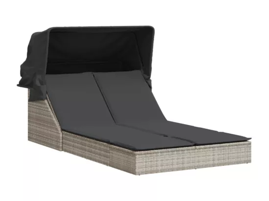 Chaise longue double avec auvent et coussins gris clair rotin