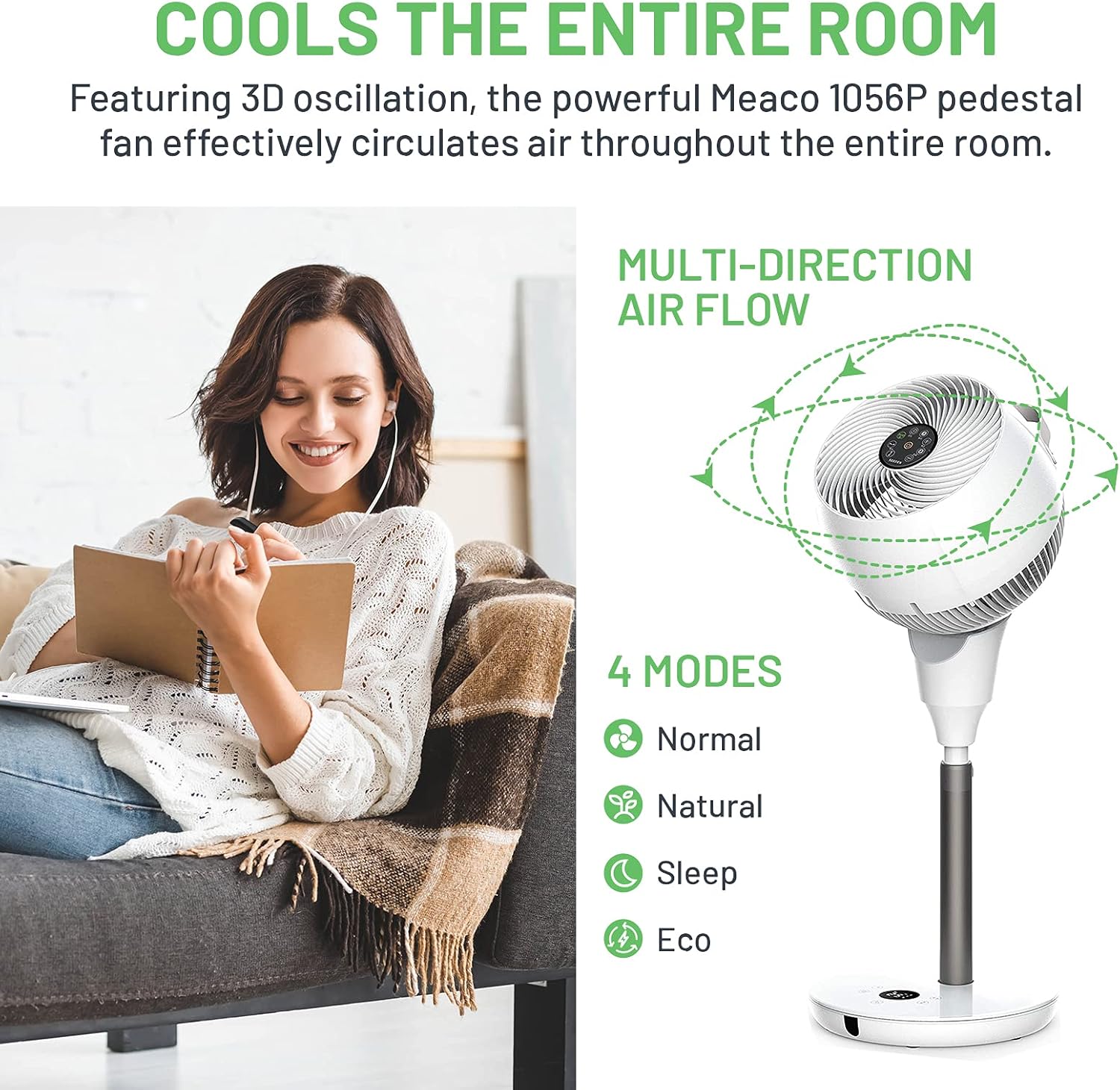 Meaco MeacoFan 1056 Circulateur d'air pour chambre à coucher, ventilateur de bureau, faible bruit, économie d'énergie, refroidissement dans toute la pièce - Blanc